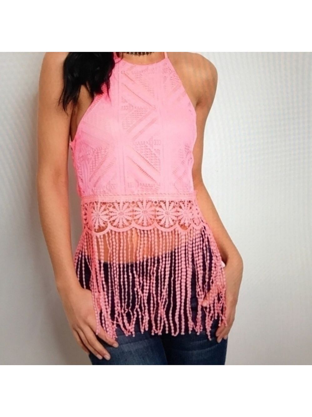 New 60s 70s Retro Halter Crop Top Fancy Chic Fringe Pink Small By Janice Crochet